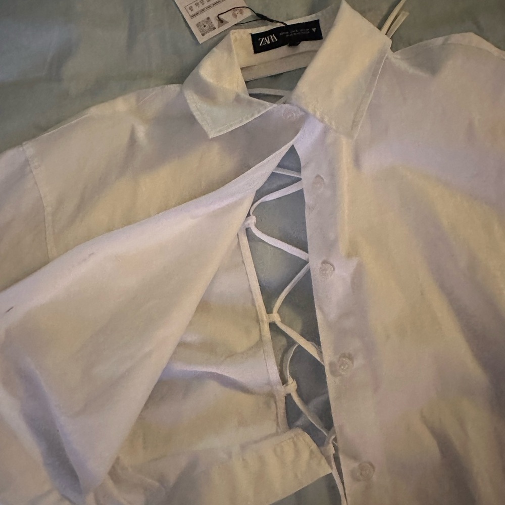 NEW Zara white button down lace up crop shirt